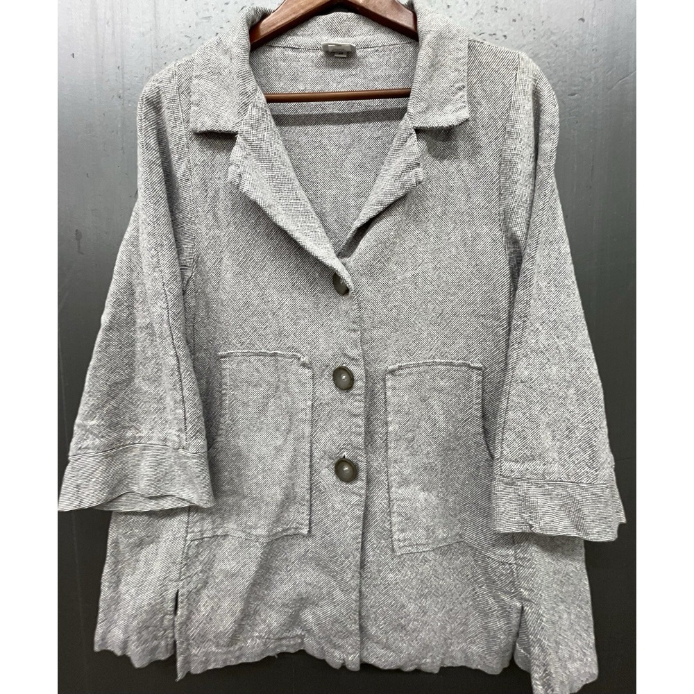 Habitat Linen Jacket Women M Gray 3/4 Sleeve Buttons Pockets Lagenlook USA Made